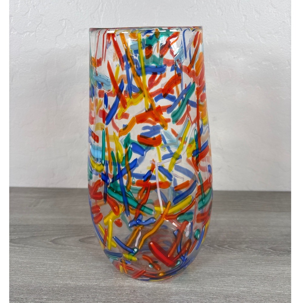Vintage Pier 1 Imports Confetti Mouth Blown Art Glass Flower Vase Rainbow 11 in